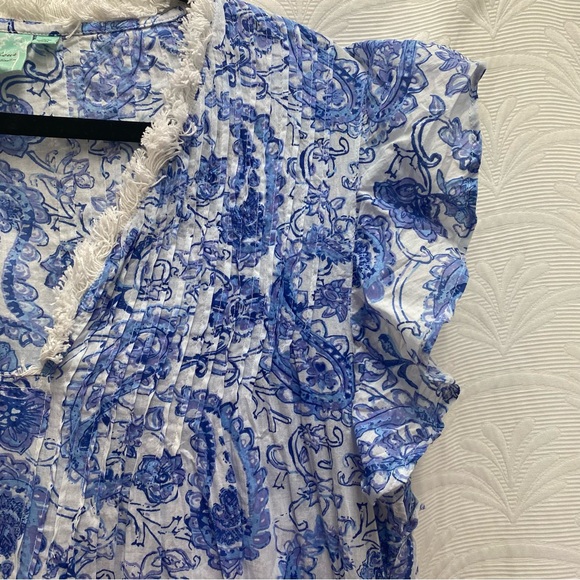 TRUE DESTINATIONS Flutter Sleeve M Dress Floral Paisley Cruise Pool Coverup Blue - Picture 4 of 10